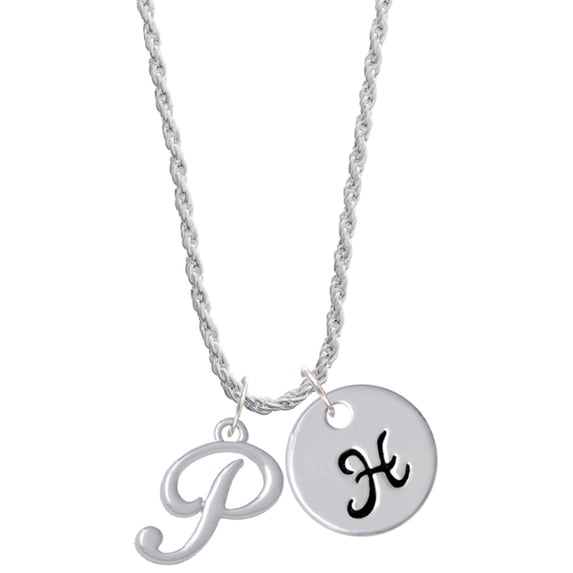 Delight Jewelry Silvertone Small Gelato Script Initial - P - Silvertone Script Initial Disc - H - Charm Necklace, 20"+3"