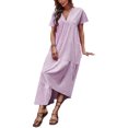 thumbnail image 3 of SAYOO , vestido suelto de manga corta para mujer, Color sólido, cuello en V, dobladillo Irregular, elegante vestido de fiesta de playa de verano, ropa de calle de vacaciones SAYOO  Casual, 3 of 9