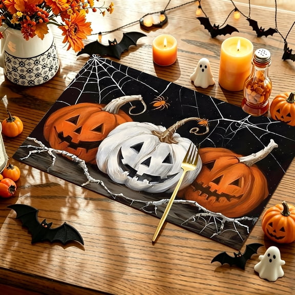 MIZHONA Halloween Placemats Set of 4,Fall Pumpkins Linen Table Mats for Table Decorations 12x18 in