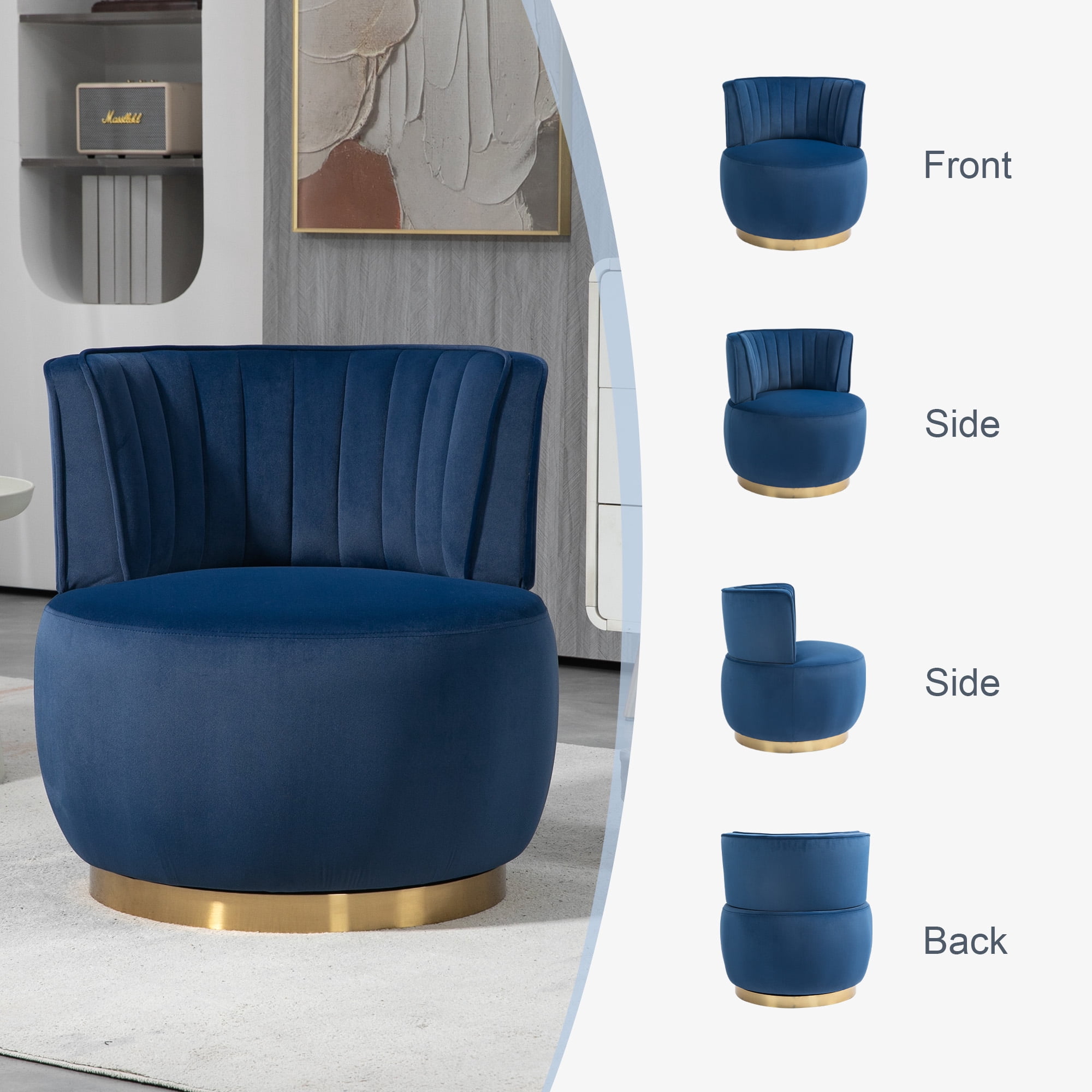 MOONMISS Velvet Upholstered 360 Degree Swivel Armless Round Barrel Chairs for Living Room-Navy Blue