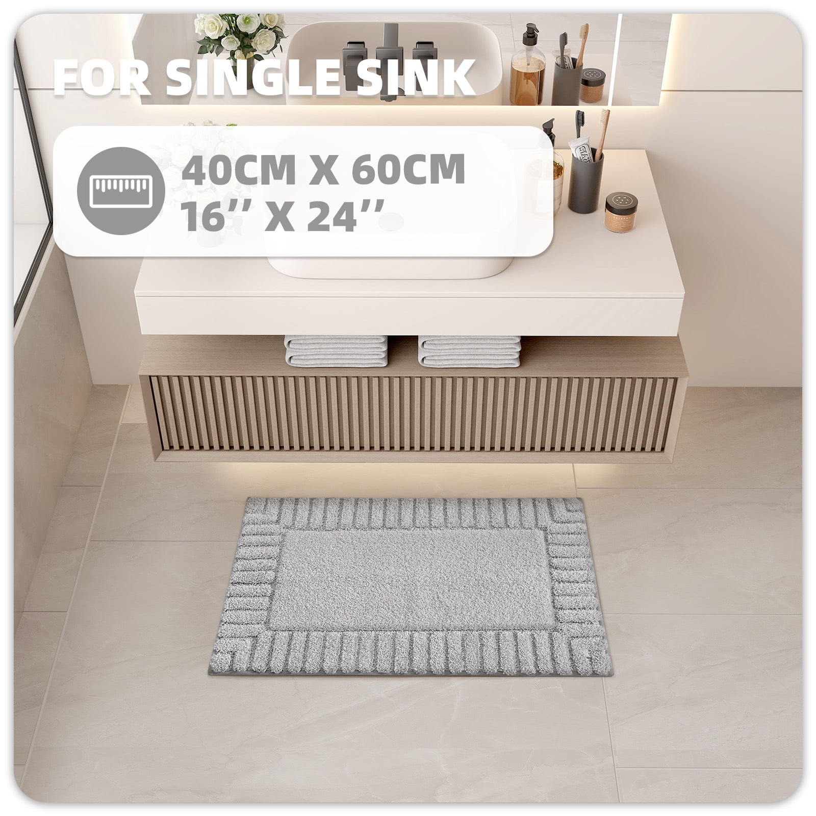 PABUBE Bathroom Rugs 16"x24", Absorbent Bath Mats Rugs for Bathroom Floor Non Slip Non Skid, Soft Shag Microfiber Machine Washable Shower Bath Mat for Bathroom Decor, Gray