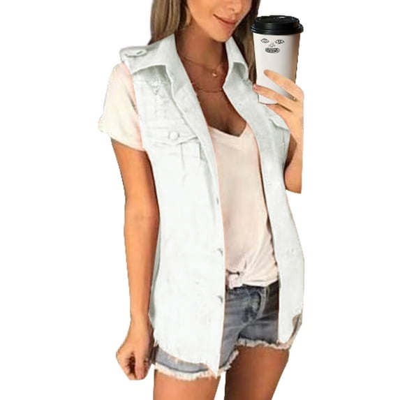 Frontwalk Ladies Plus Size Jean Veset Lapel Collar Sleeveless Denim Vest Women Button Up Waistcoat Cropped Denim Vest