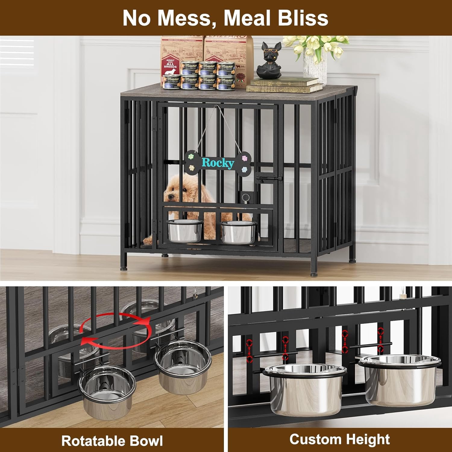 POAO 27"Dog Crate Furniture Foldable, No Assembly Dog Kennel Indoor for Small Dog(Under 20 lb), Dog Cage with Adjustable Bowls &Name Tag, End Table