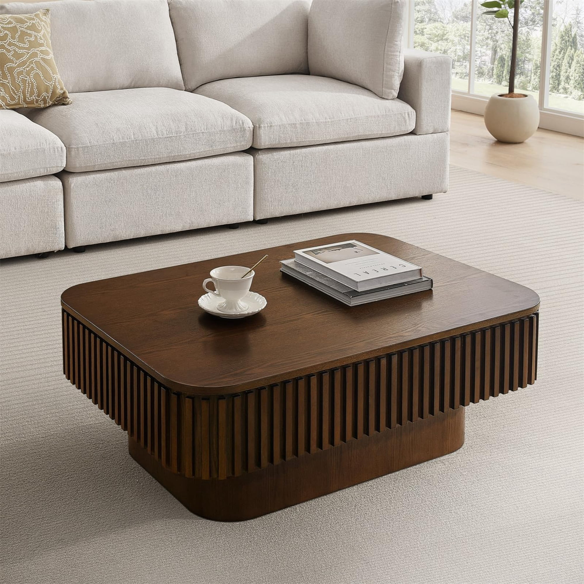BFJDM 38.6" Lift Top Coffee Table with Hidden Storage, Handmade Solid Wood Fluted Panel, Walnut Rectangle Center Table for Living Room, Small Space Apartment Office Furniture