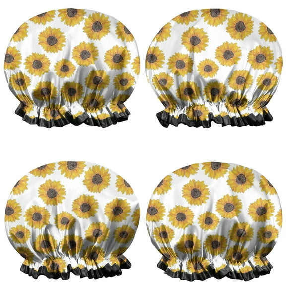 Shower Caps,White Small Sunflower Pattern Waterproof Shower Cap for Women 4 Pieces,Double Reusable Hair Cover for Shower PEVA Elastic Stretch Hem