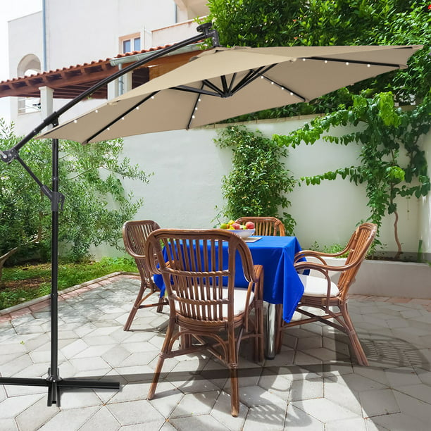 Mf Studio 10ft Cantilever Offset Patio, Cantilever Outdoor Beige Umbrella With Lights And Speaker