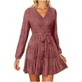 thumbnail image 2 of Velvet Dress for Women,Womens Velvet V-Neck Belted Dress Long Sleeve Elegant formal Evening Party Casual Soft Sophisticated Everyday Wear Pink L, 2 of 9