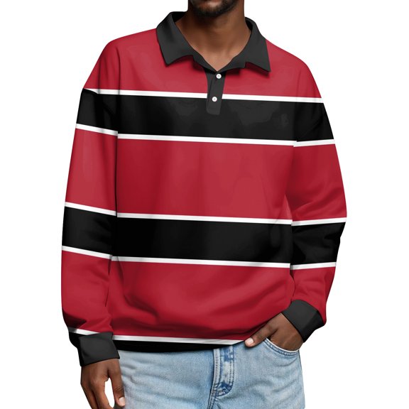 Men's Simple Casual Mixed Color Striped Print Button-Down Long Sleeve Polo Shirt for Multicolor Style, Vibrant Color Blocking for Everyday Wear,Red,3XL