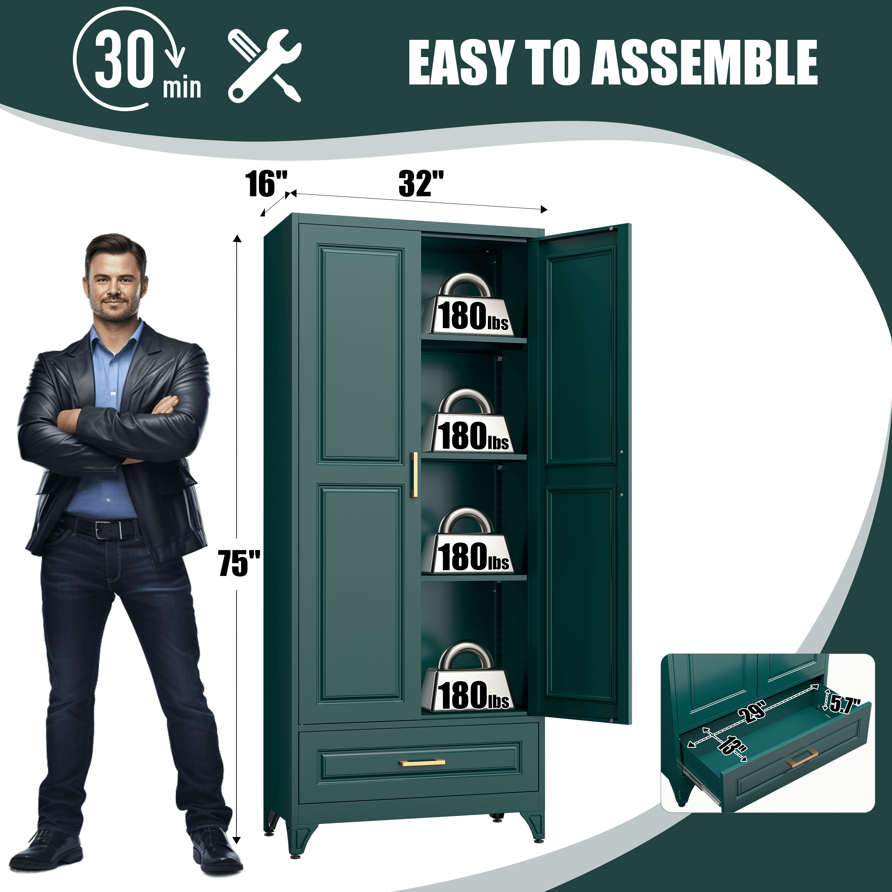 Polup 75" H Green Kitchen Pantry Storage Cabinets with Drawers, Doors and Adjustable Shelves, Steel Large Cupboard