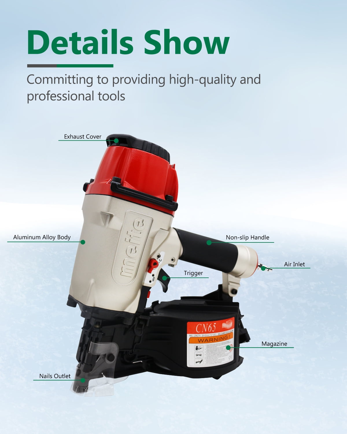 meite CN65 Pneumatic Coil Siding Nails Nailer Wood Working Guns for 15 Degree 1-1/2-inch to 2-1/2-inch Length Nails
