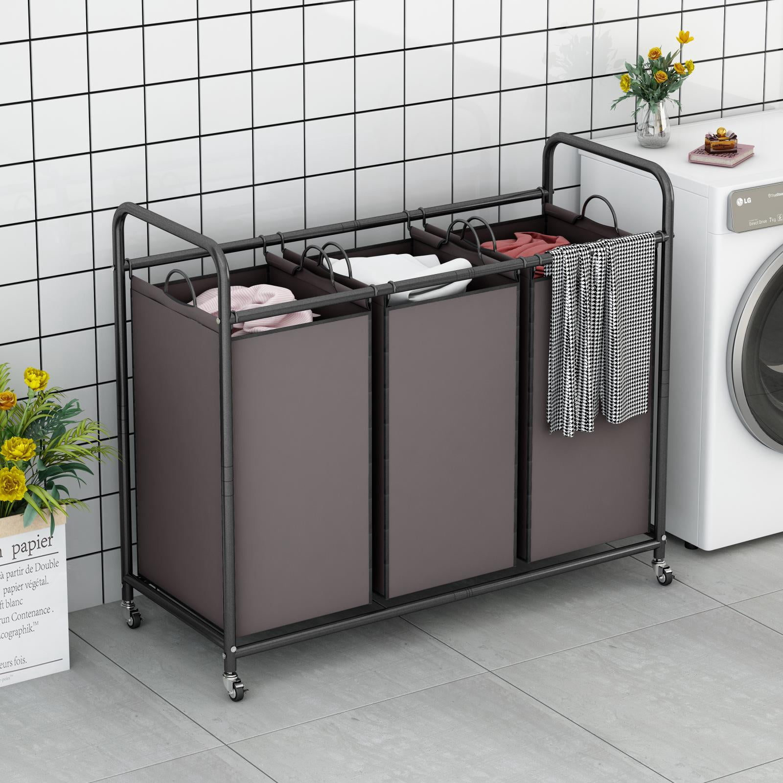 SUOERNUO 3-Bag Laundry Sorter Cart with Wheels – Heavy Duty Rolling Hamper with Removable Bags for Laundry Room Organization (Brown)