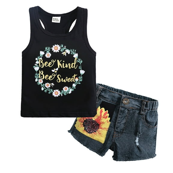 Reduce!Herrnalise Toddler Boys Girls Summer Sunflower Outfits Tank Tops Denim Shorts Baby Clothes Letter Print Vest Shorts Set Black