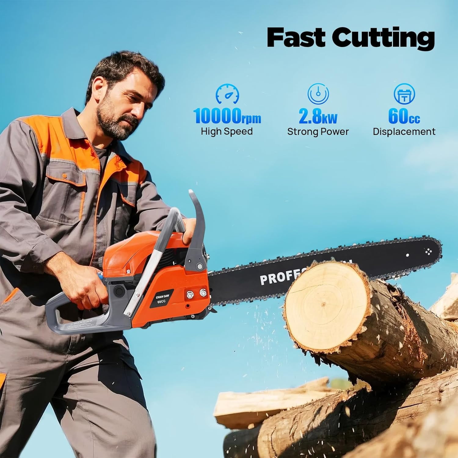 Miumaeov 60CC Gas Chainsaws,2 Stroke Power Chain Saws,22 Inch Petrol Gasoline Chain Saw,Single Cylinder,Air-cooled,Hand Pull Start for Forest Harvesting,Cutting Wood