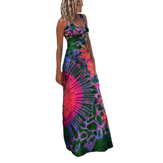 SUNSIOM Robe Longue Décontractée d'Été pour Femme, Imprimé Teinture sur Nœuds, Col en U, Sans Manches, Robe Mode à Dos Croisé