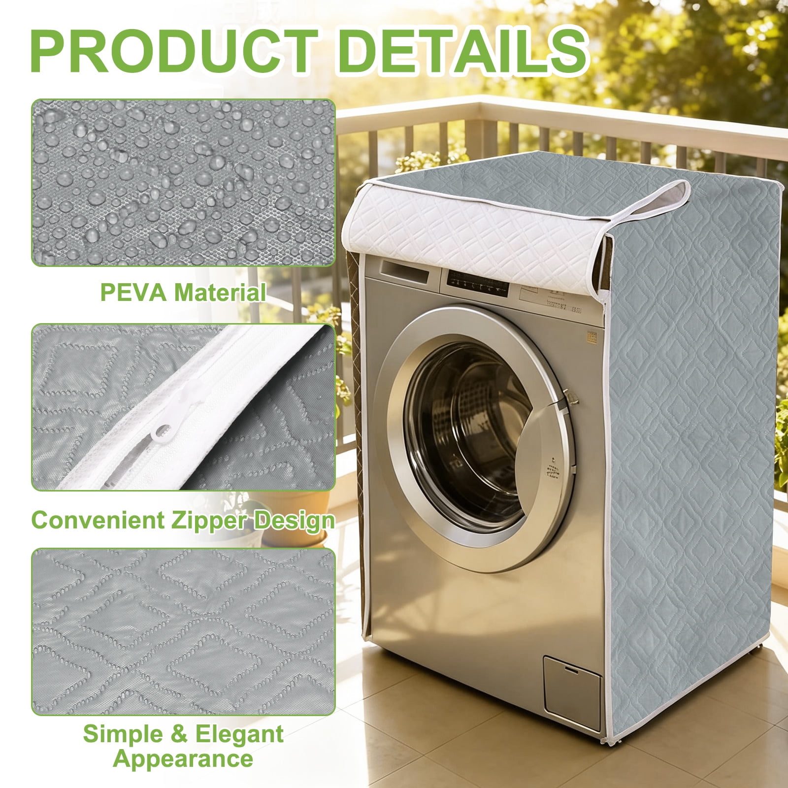 Washer and Dryer Covers 24"x24"x33"- Waterproof, Dustproof PEVA Front Load Washing Machine Cover with Zipper for Laundry Room Balcony, Grey