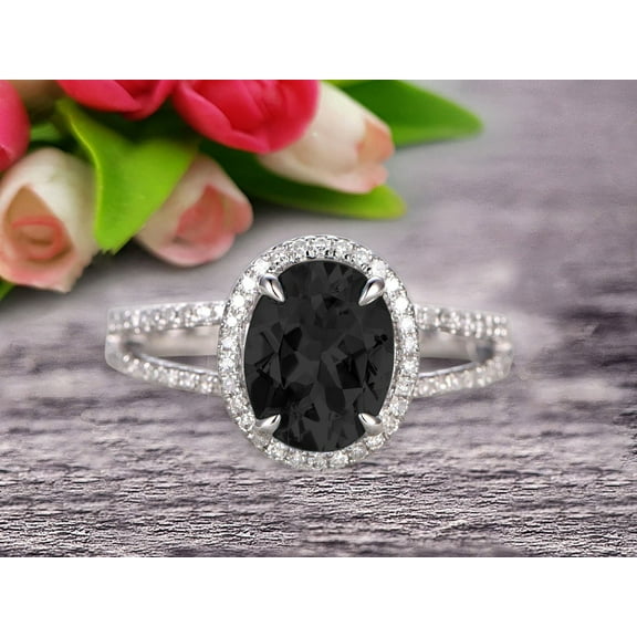 2.75 Carat Oval Shape Gemstone With Split Shank Halo Design Black Diamond Moissanite Engagement Ring Wedding Ring Anniversary Gift On 10k White Gold