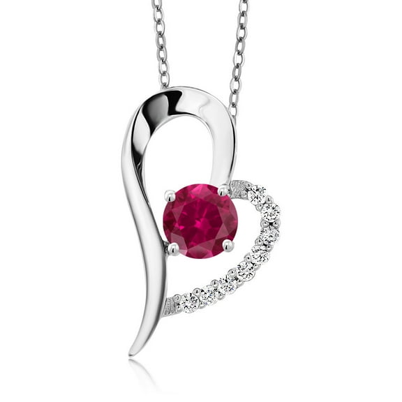 Gem Stone King 1.32 Cttw Red Created Ruby Heart Shape Pendant Necklace for Women | 925 Sterling Silver | Round 6MM | Gemstone July Birthstone | With 18 inch Chain