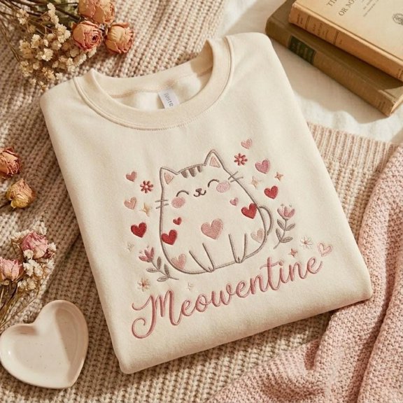 Embroidered Cat Sweatshirt, Meowentine Valentine Gift, Cat Lover Crewneck, Valentines Day Sweater for Her, Cute Kitten Shirt