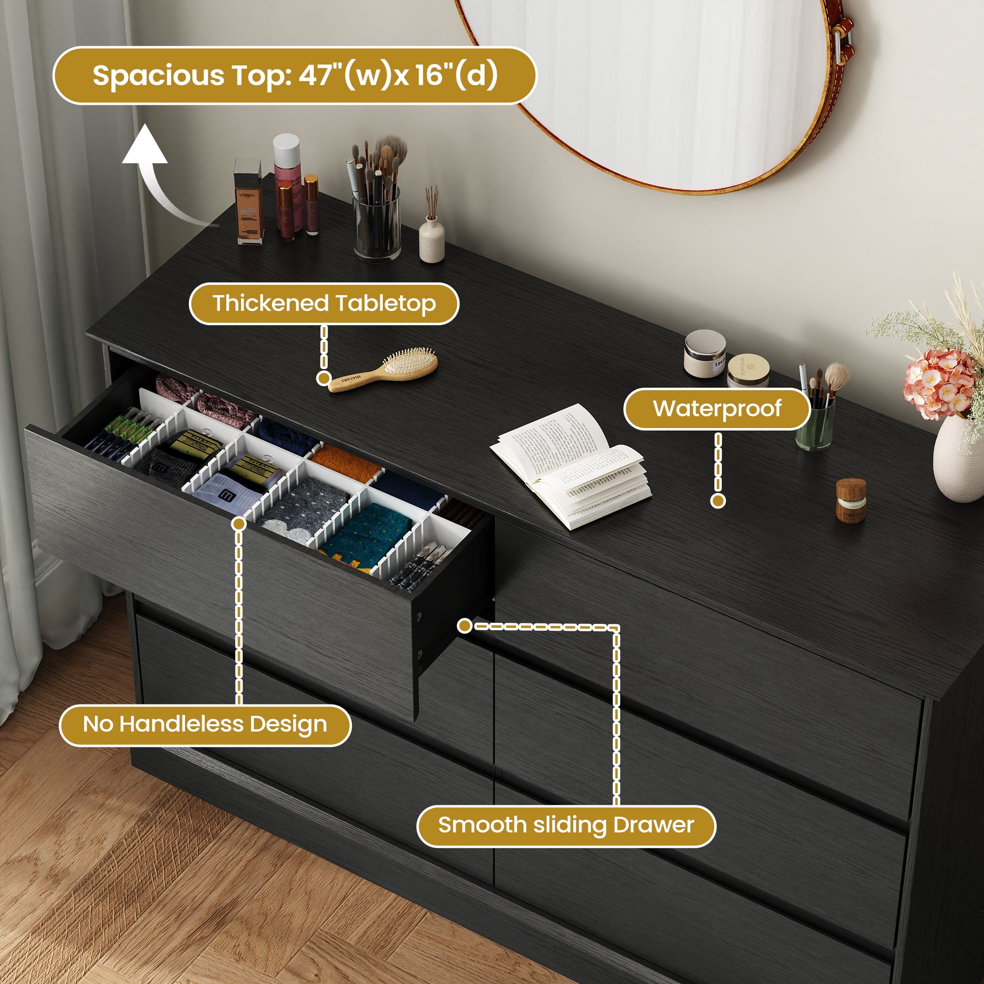 6 Drawer Dresser for Bedroom, White Dresser Double Chest of Drawers, Modern Wood Dressers with Deep Drawers for Living Room,Black