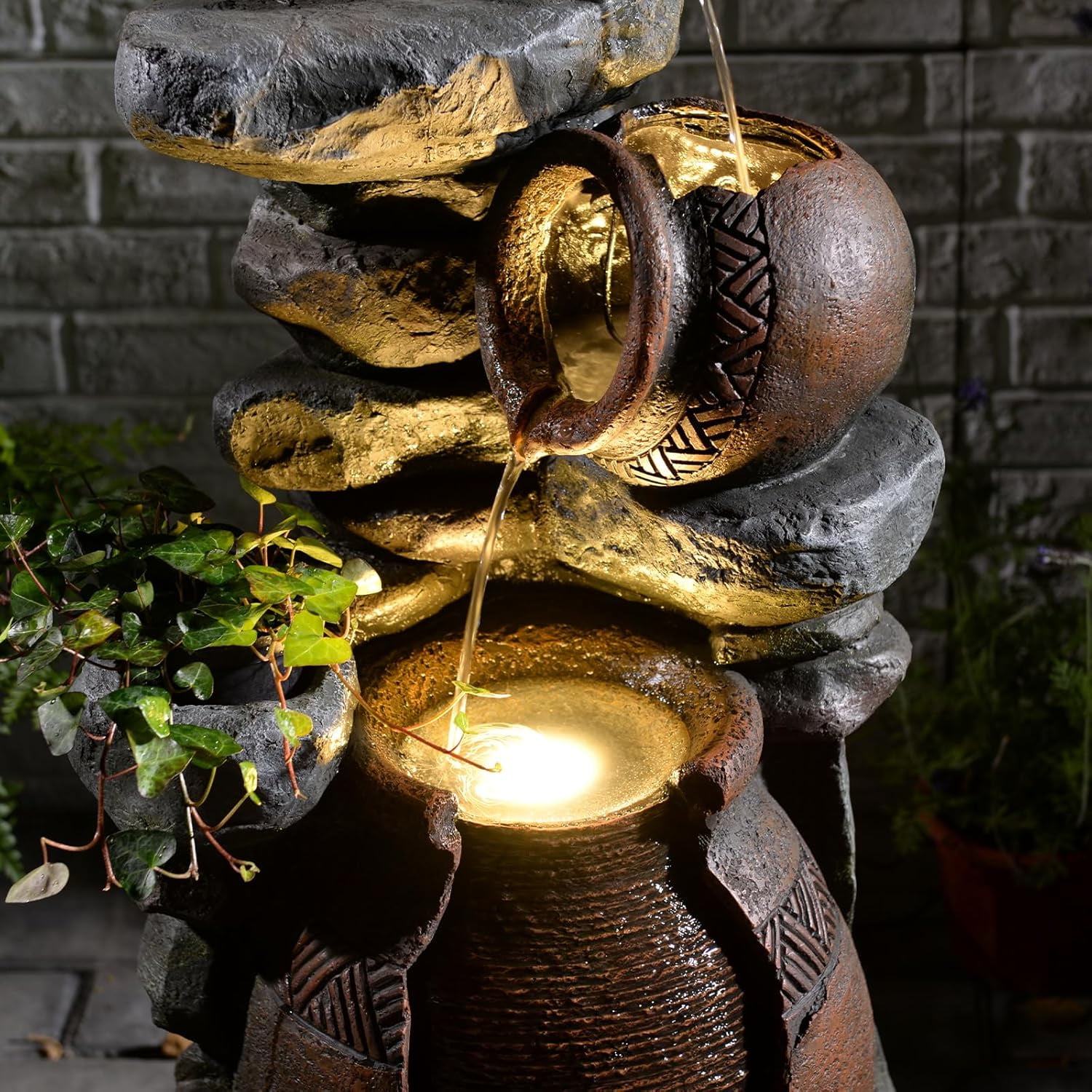 Garden Water Fountain Outdoor Decor - 38.4" 3 Tier Standing Cascading Waterfall Outdoor Water Fountain with LED Lights & Pumps,Natural Design for Garden,Patio, Porch, Backyard, Home Art Decor