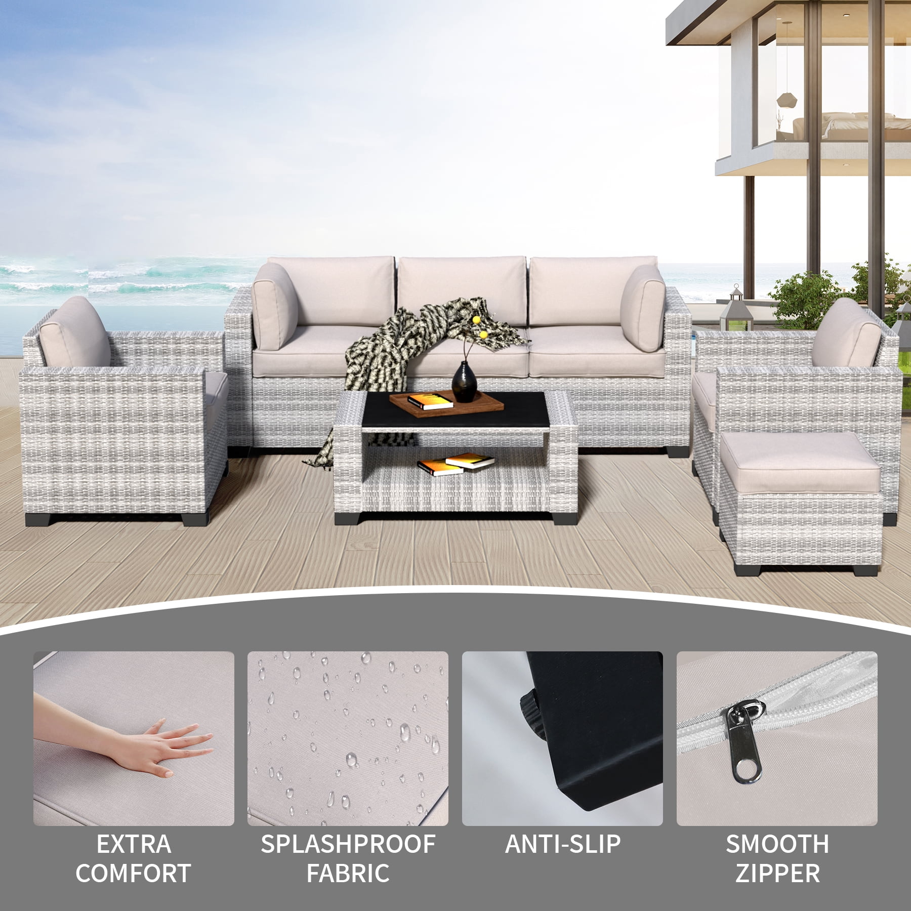 7-Piece Outdoor Patio Furniture Set, PE Rattan Sectional Sofa with Waterproof Cushions & Coffee Table, Modern Patio Conversation Set for Porch, Balcony, Backyard