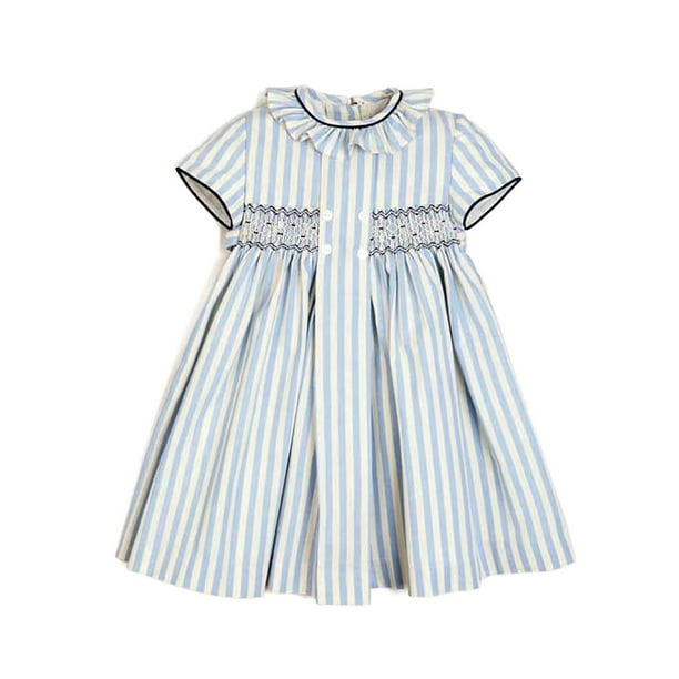Vestido Twoflower para niños pequeños de 2 años, azul marino, a rayas, fruncido, vintage