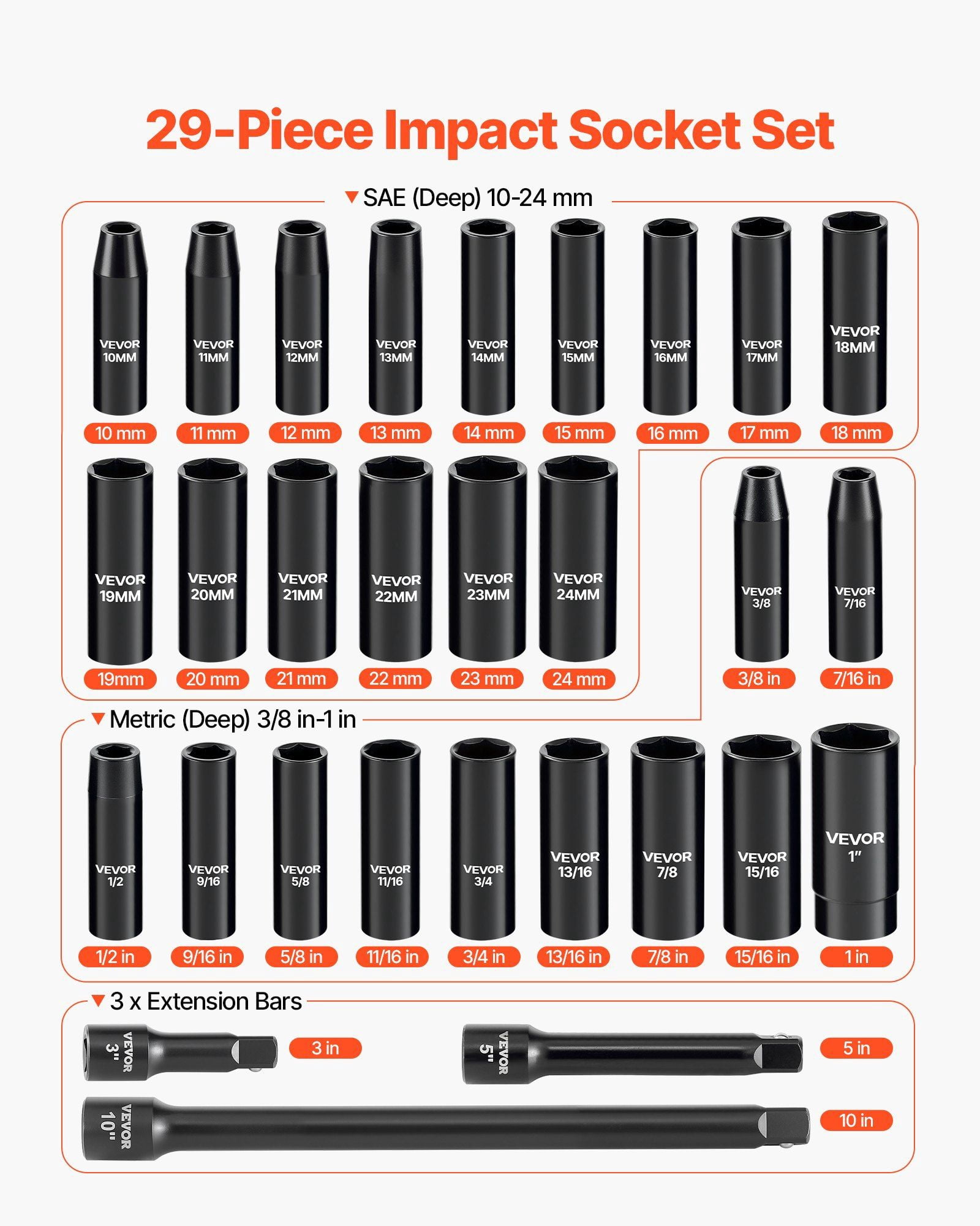 1/2 Inch Drive 29 Piece Impact Socket Set SAE 3/8 to 1 Inch and Metric 10 to 24 mm 6 Point Deep Sockets with 3 5 10 Inch Extension Bars Cr-V Steel Heavy Duty Carrying Case