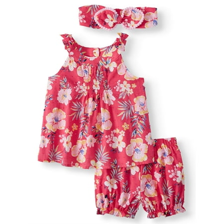 Printed Woven Babydoll Top, Diaper Cover and Headband, 3pc Set (Baby Girls)
