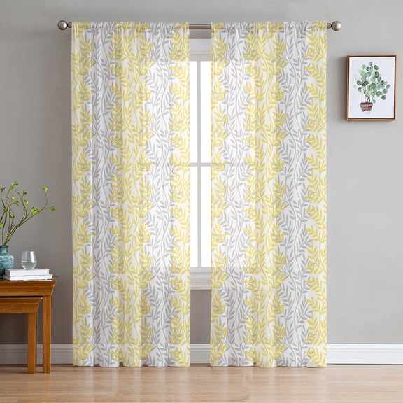 Yellow Grey Botanical Semi Sheer Curtains 84 Inch Length 2 Panels Set,Pastoral Spring Summer Leaf Aesthetics Sheer Kitchen Curtain Privacy Voile Window Curtain for Living Room Rod Pocket Drapes