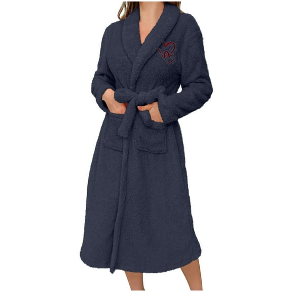 Women's Love Embroidery Robes Fashion Plush Loungewear Solid Color Long Sleeve Nightdress with Pocket Belt Warmth Bathrobe Casual Nightgown