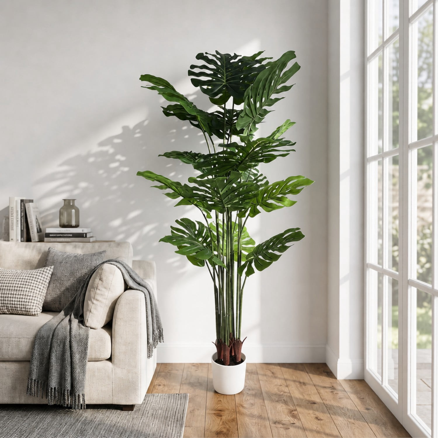 BEAUTYPEAK 5.3FT Artificial Plant Fake Indoor Monstera Plant Decorative Outdoor Greenery in White Pot
