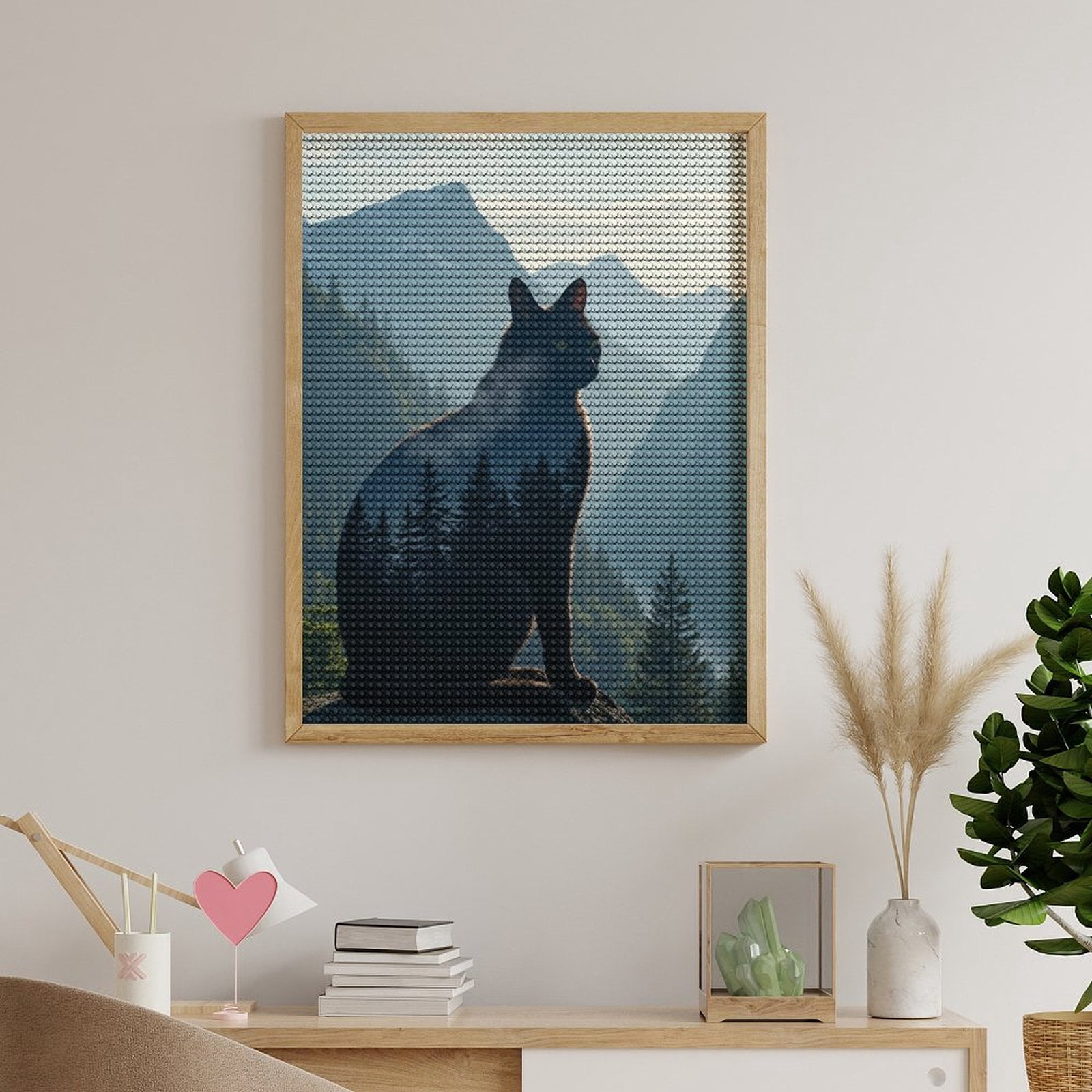 Diamond Art Kits for Adults, Cat Silhouette Mountains Forest Scene 5D Diamond Painting Kits for Adults Beginners, DIY Full Drill Diamond Painting, Gem Art and Crafts 12x16