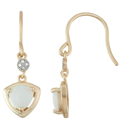 Trillion-Shaped Created Opal and Diamond Accent 18kt Yellow Gold over Sterling Silver Drop Earrings