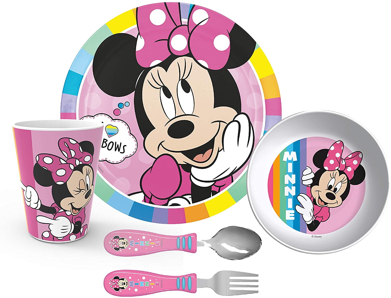 Minnie 5 Piece Coloured BPA-Free Premium Micro Dining Set Plate Bowl Tumbler Spoon and Fork Dinnerware Set for Children 