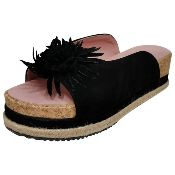 JeashCHAT Slip On Slide Sandals for Women Women's Casual Holiday Comfortable Velvet Flowers Platform Sandals (Black)