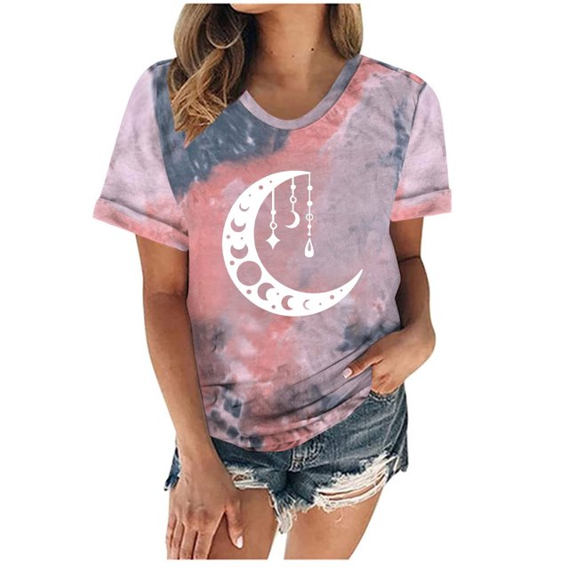 Camiseta con estampado de sol y luna para mujer, camiseta de manga corta con cuello redondo, camiseta informal divertida y bonita para chica adolescente OAVQHLG3B Store lin121212