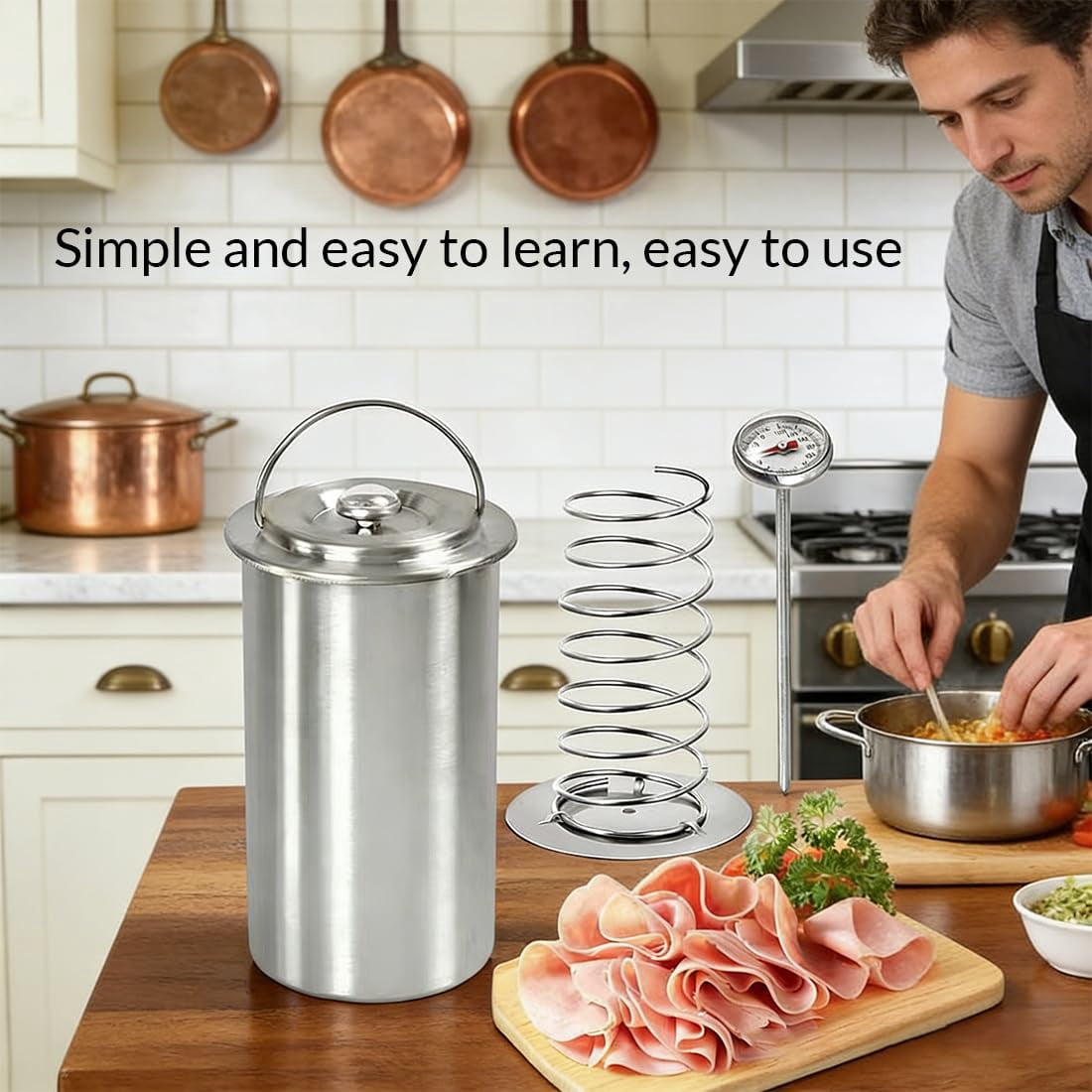 Stainless Steel Deli Meat Press with Thermometer, 1.5L Ham Maker Mold for Homemade Lunch Meat, Poultry & Sandwich Filling