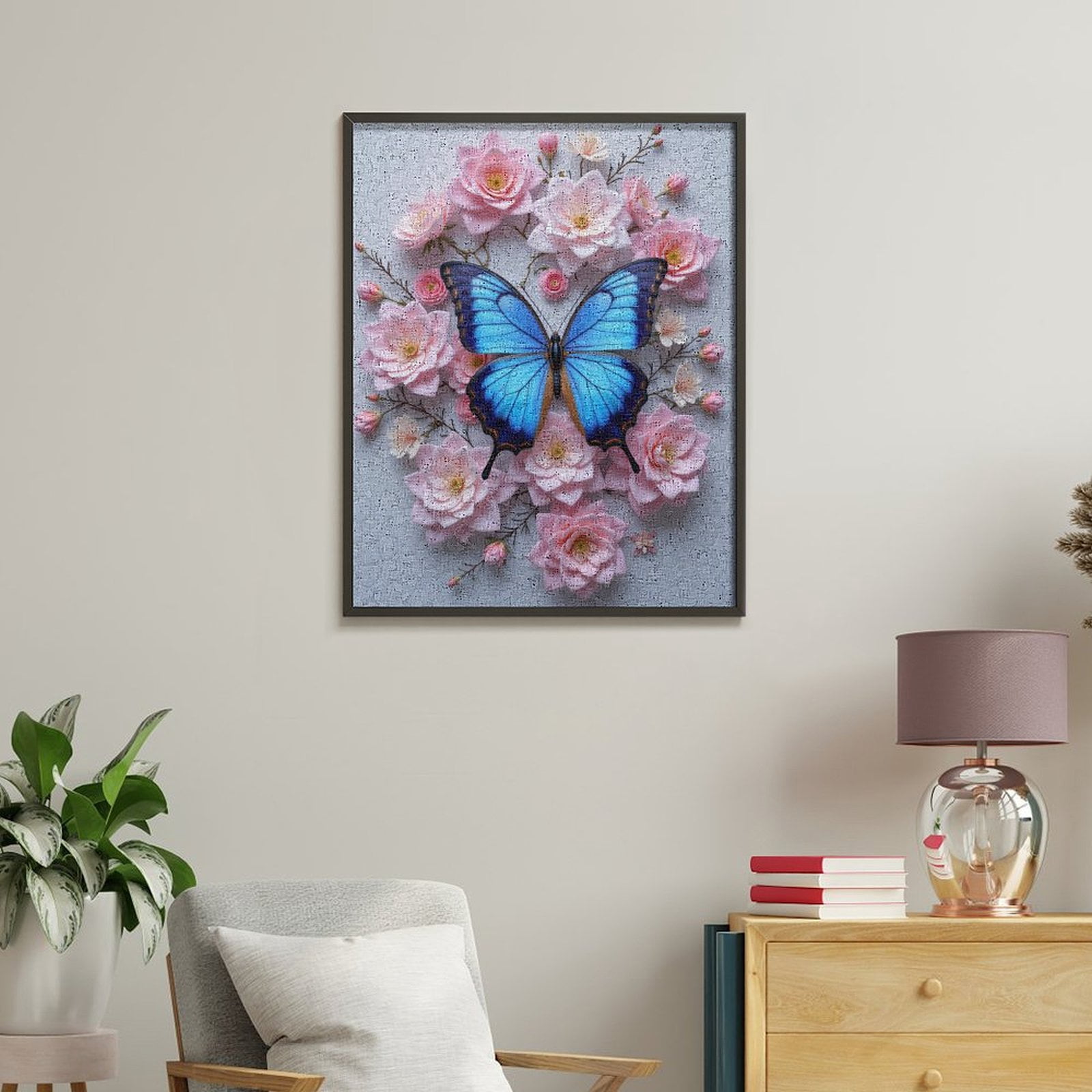 Paint By Numbers Kit for Adults Beginner - Blue Butterfly Pink Blossoms Art DIY Canvas Painting Kits for Adults, Frameless Paint By Number for Adults for Home Wall Decor 16x20 Inch