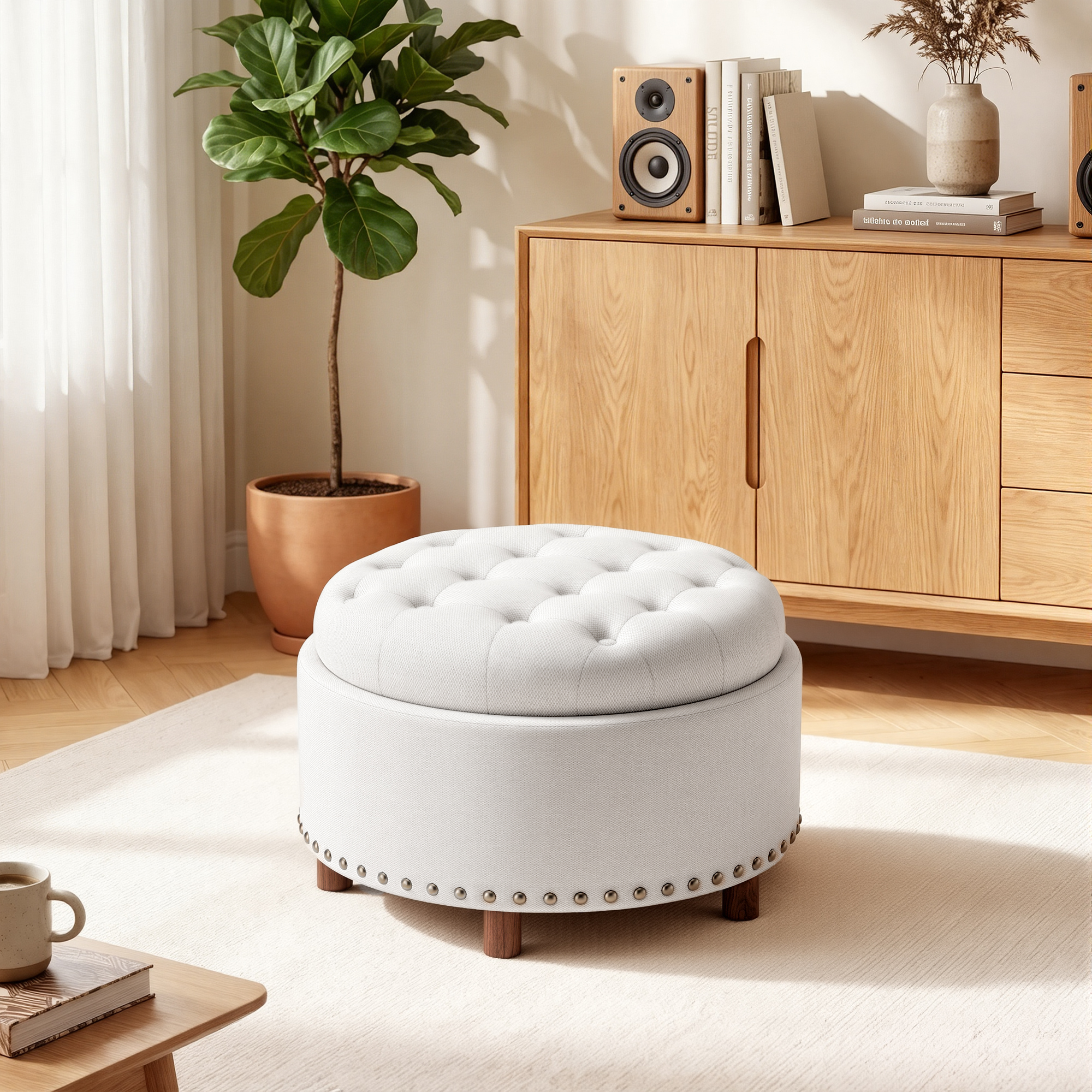 AFO Round Storage Ottoman with Tray, Beige Upholstered photo 7