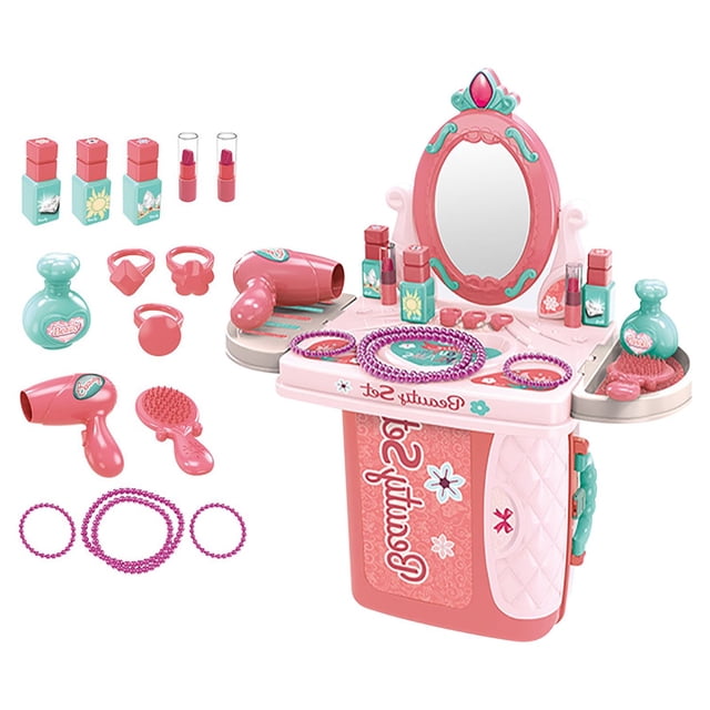 Juego de tocador de plástico 3 en 1, Maleta de maquillaje roja, tocador para niños, juego de juguetes para mayores de 3 años