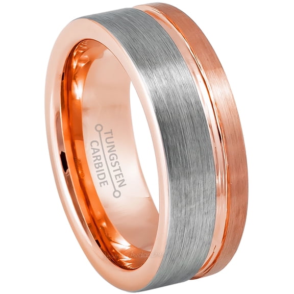 Jewelry Avalanche 2-Tone Grooved Rose Gold Pipe Cut Tungsten Wedding Band for Men, 8MM, size 10
