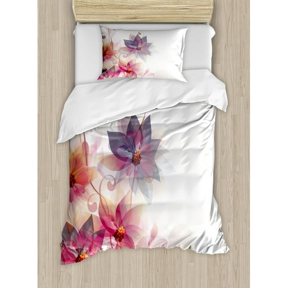 Abstract Duvet Cover Set, Modern Floral Design with Burts and Leaves Detailed Romantic Image, Decorative 2 Piece Bedding Set with 1 Pillow Shams, Twin Size, Pink Purple and Orange, by Ambesonne