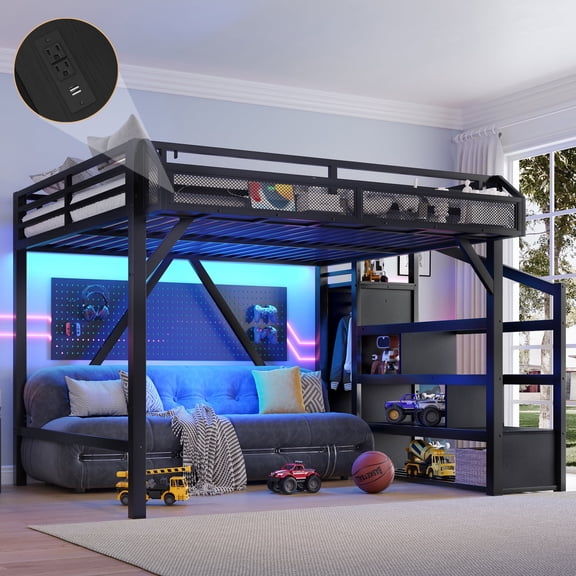 Queen Size Loft Bed with Storage Stairs, Beside Shelf and Wardrobe, Metal Queen Size Loft Bed with USB Ports & LED Light, Large Under-Bed Space Loft Beds for Adults, Teens