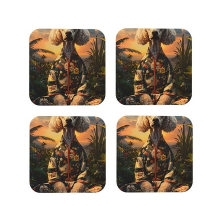

Fuzoiu Flower Field Poodle Print Leather Coasters Set Drink Coasters Set of 4 for Tabletop Protection Durable PVC Coasters Home Décor and Housewarming Gift-Square
