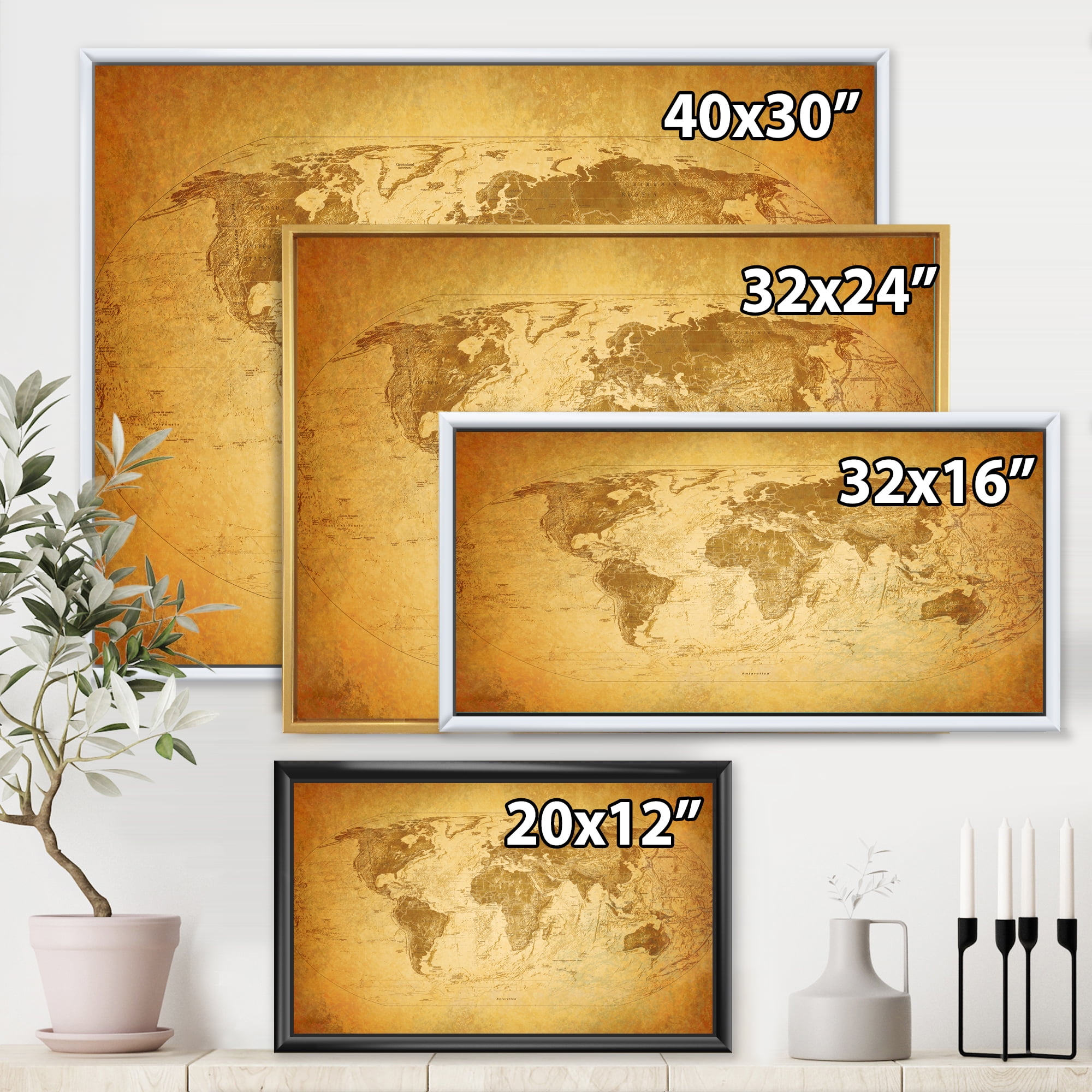 Designart 'Ancient World Map X' Vintage Framed Canvas Wall Art Print