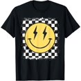 thumbnail image 1 of Retro Happy Face Shirt Checkered Pattern Smile Face Trendy T-Shirt - White - S, 1 of 2