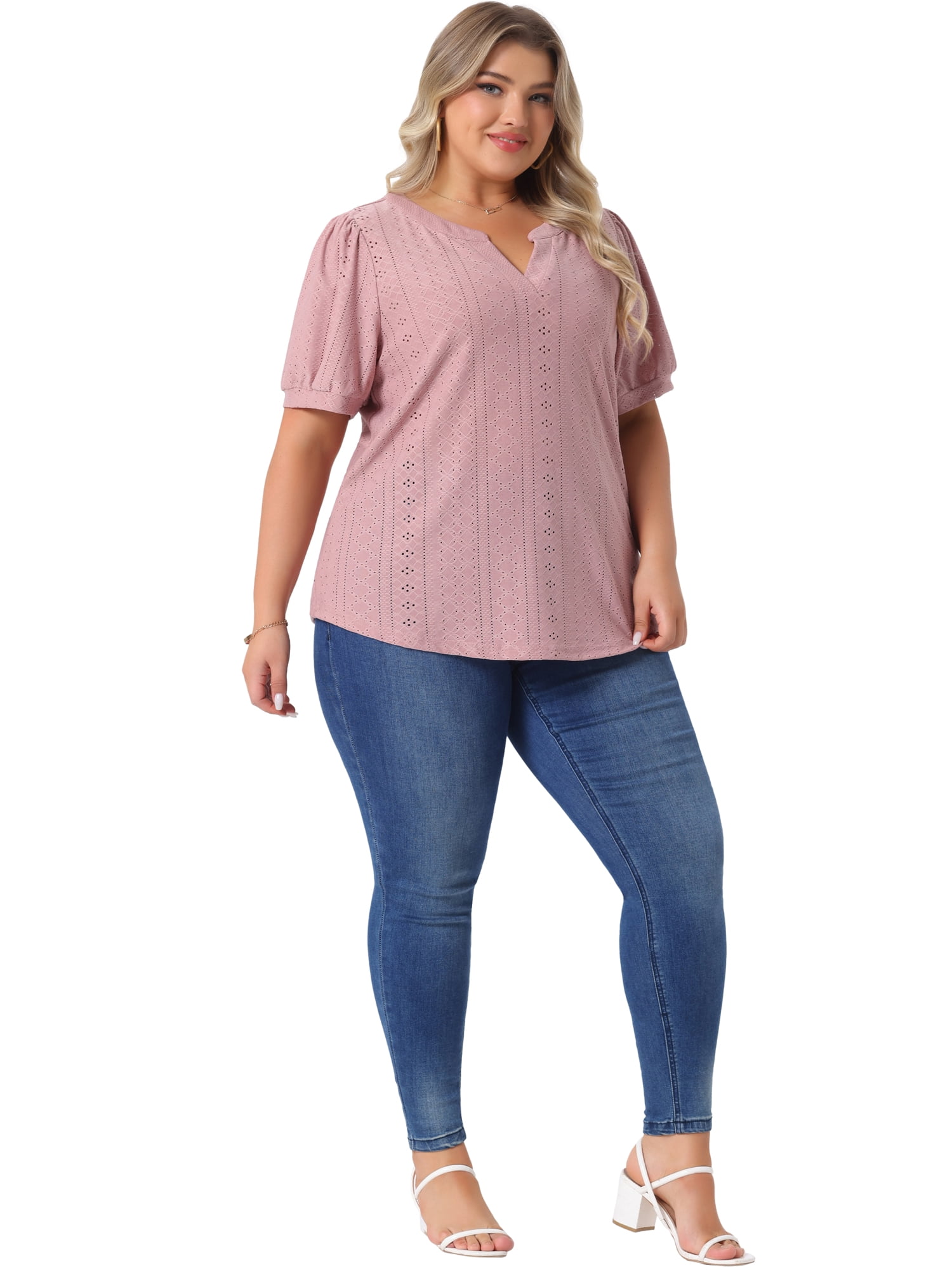 Women's Plus Tops Hollow Casual V Neck Short Sleeve Summer Blouse Shirts 5X Pink