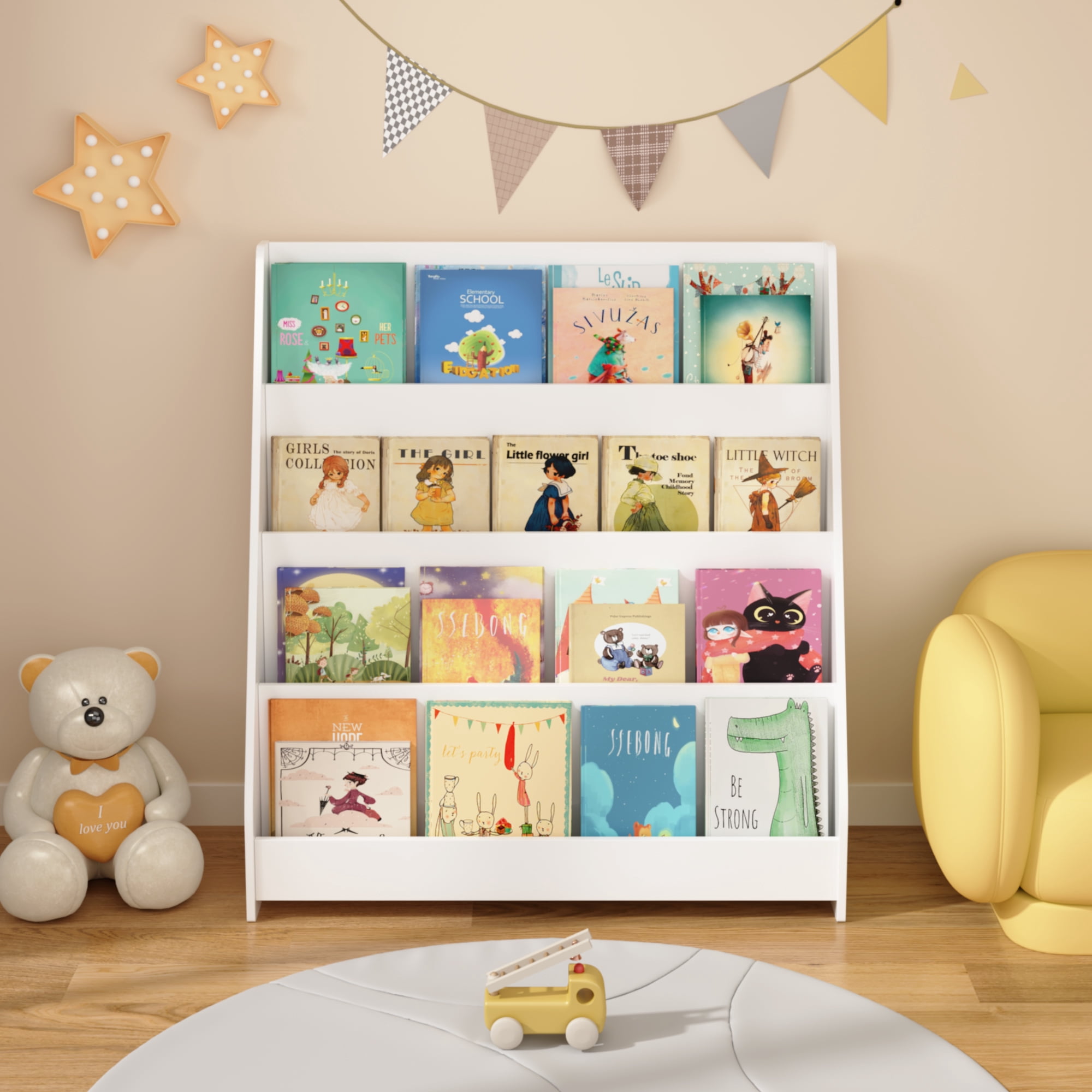 4-Tier Kids Bookshelf, Toddler Book Display Shelves, Helps Keep Bedrooms, Playrooms, and Classrooms Organized, MDF, White