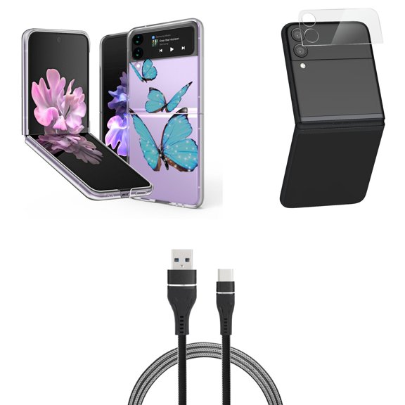 Bemz Premium Bundle for Samsung Galaxy Z Flip 3 5G: Slim Snap-On Protector Case (Blue Butterflies), Rear Camera Glass Protector, Nylon Braided USB-C to USB-A Cable (3 Feet)