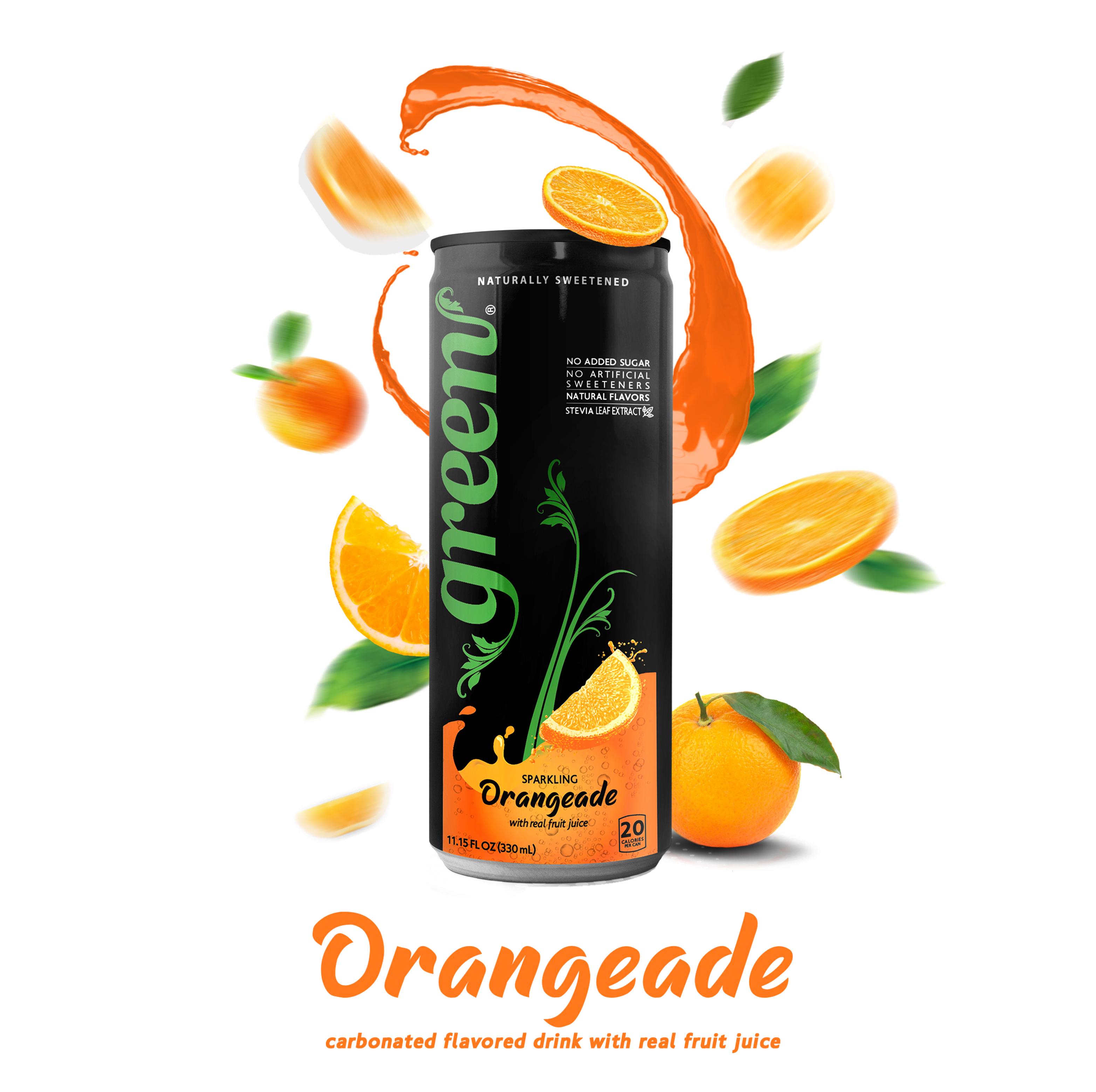 Green Orangeade - No Added Sugar, 10% Real Orange Juice, 20 Calories, Naturally Sweetened with 100% Stevia Leaf Extract, Carbonated Soda, Product Net Content Quantity: 11.15 fl oz Each Can - Pack of 6